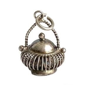 Vintage Sterling Silver Basket Charm For Bracelet Filigree Wire Vessel Pot 40s
